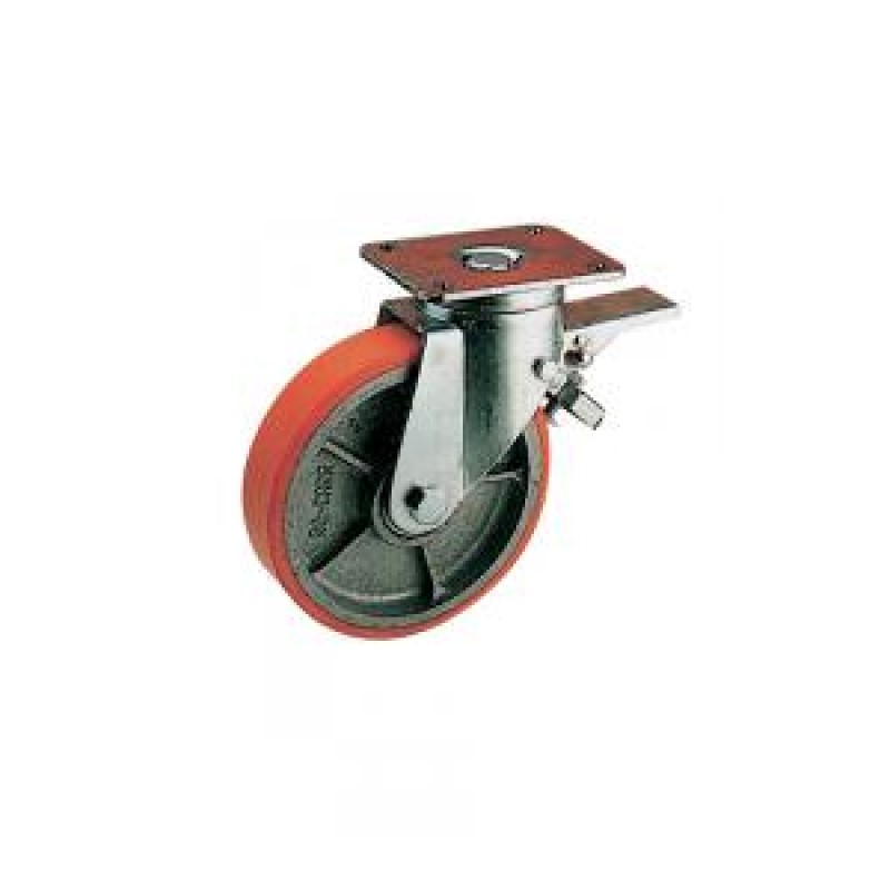 SUPPORTO GIREVOLE E FRENO SERIE PESANTE RUOTA GHISA E POLIURETANO D. 160X50