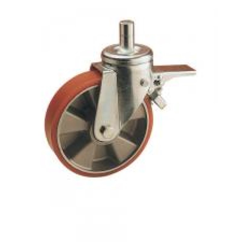RUOTA ALLUMINIO POLIURETANO D.125X50 SUPPORTO PERNO LISCIO E FRENO D. 27X60