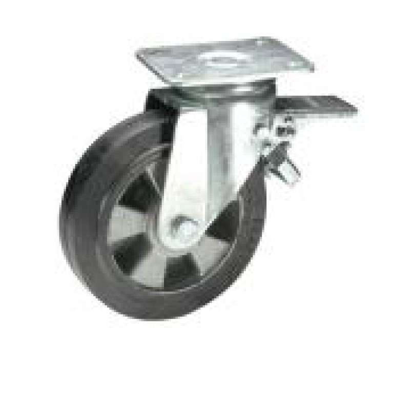 RUOTA ALLUMINIO RIVESTITA IN GOMMA D.160 SUPPORTO GIREVOLE E FRENO SERIE PESANTE
