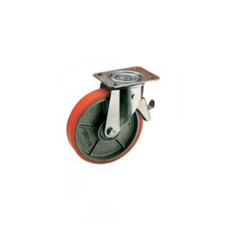 RUOTA GHISA POLIURETANO D.150X40 SUPPORTO PIASTRA GIREVOLE E FRENO