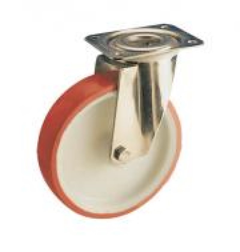 SUPPORTO A PIASTRA GIREVOLE INOX AISI304 RUOTA NYLON POLIURETANO D. 160 SU RULLI