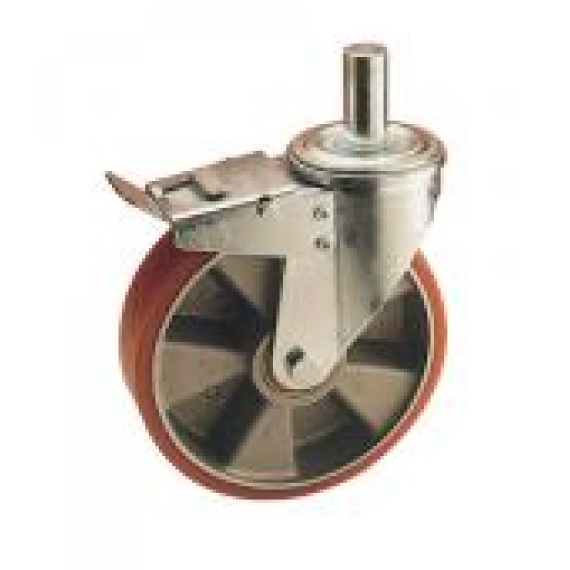 RUOTA DIAMETRO 125 ALLUMINIO POLIURETANO SUPPORTO A PERNO LISCIO 22X60 E FRENO