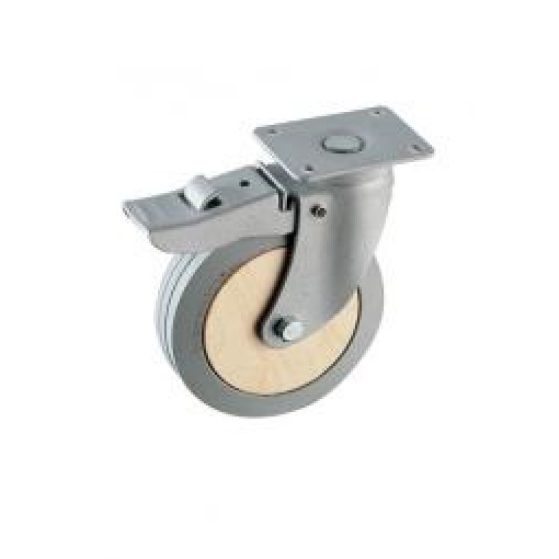 RUOTA MASSELLO DI FAGGIO E GOMMA D. 80 SUPPORTO GIREVOLE E FRENO VERNIC. GRIGIO