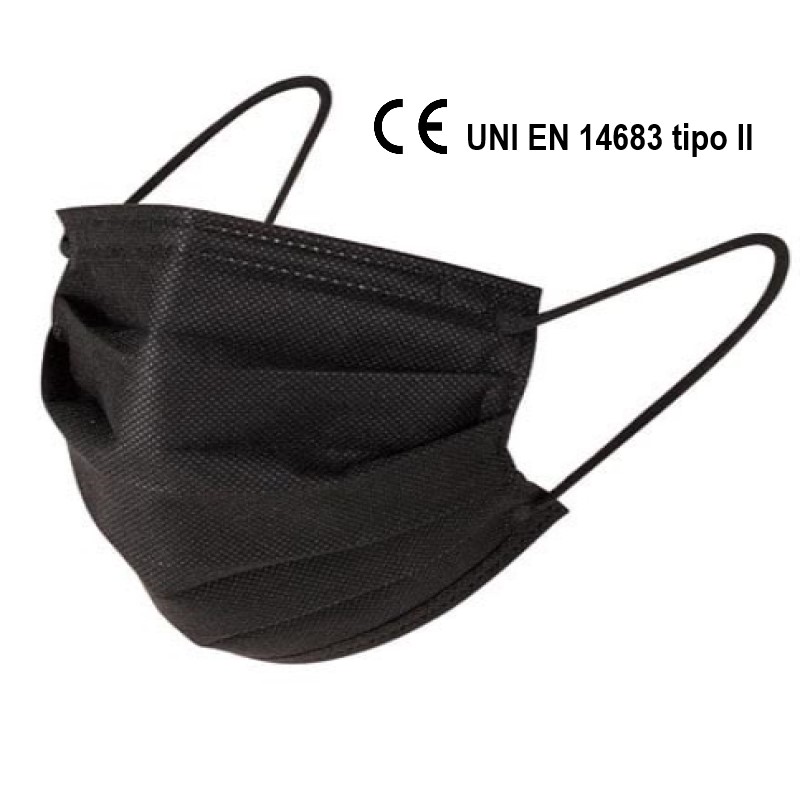 MASCHERINA CHIRURGICA NERA A 3 STRATI CONFORMI UNI EN 14683:19 CE TIPO 2