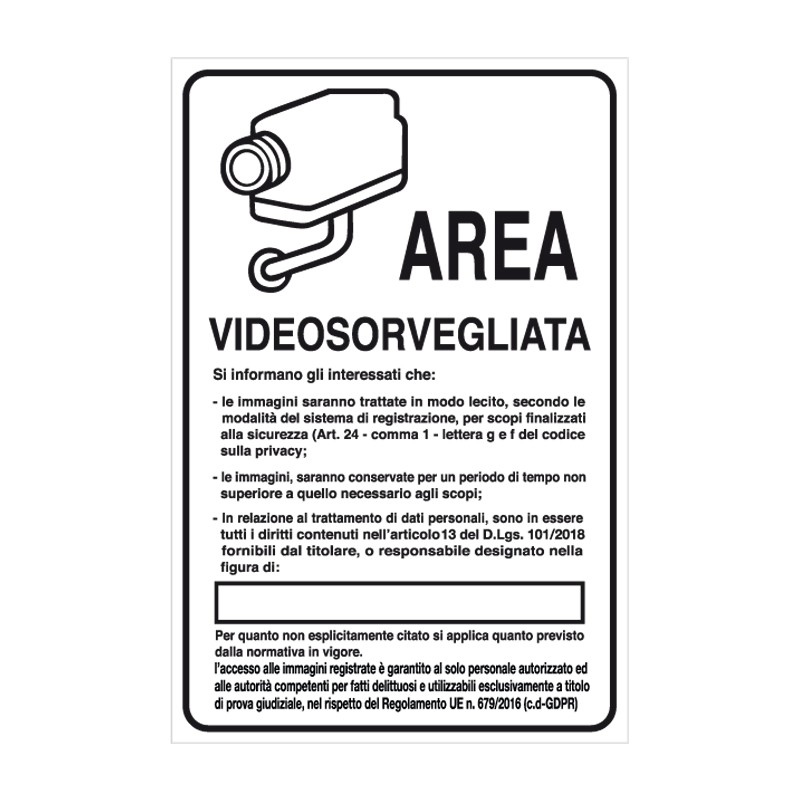 ATTENZIONE AREA VIDEOSORVEGLIATA CARTELLO ALLUMINIO 330X500 VARI