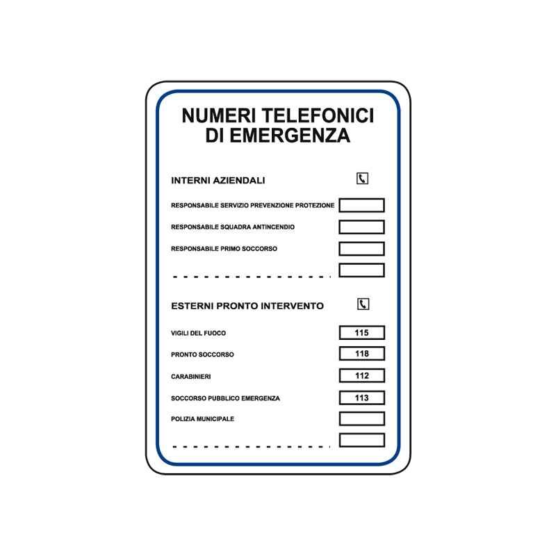 NUMERI TELEFONICI DI EMERGENZA CARTELLO ALLUMINIO 200X300 VARI