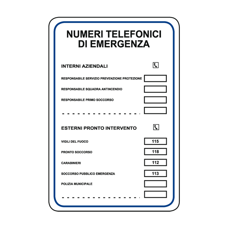 NUMERI TELEFONICI DI EMERGENZA CARTELLO ALLUMINIO 330X500 VARI